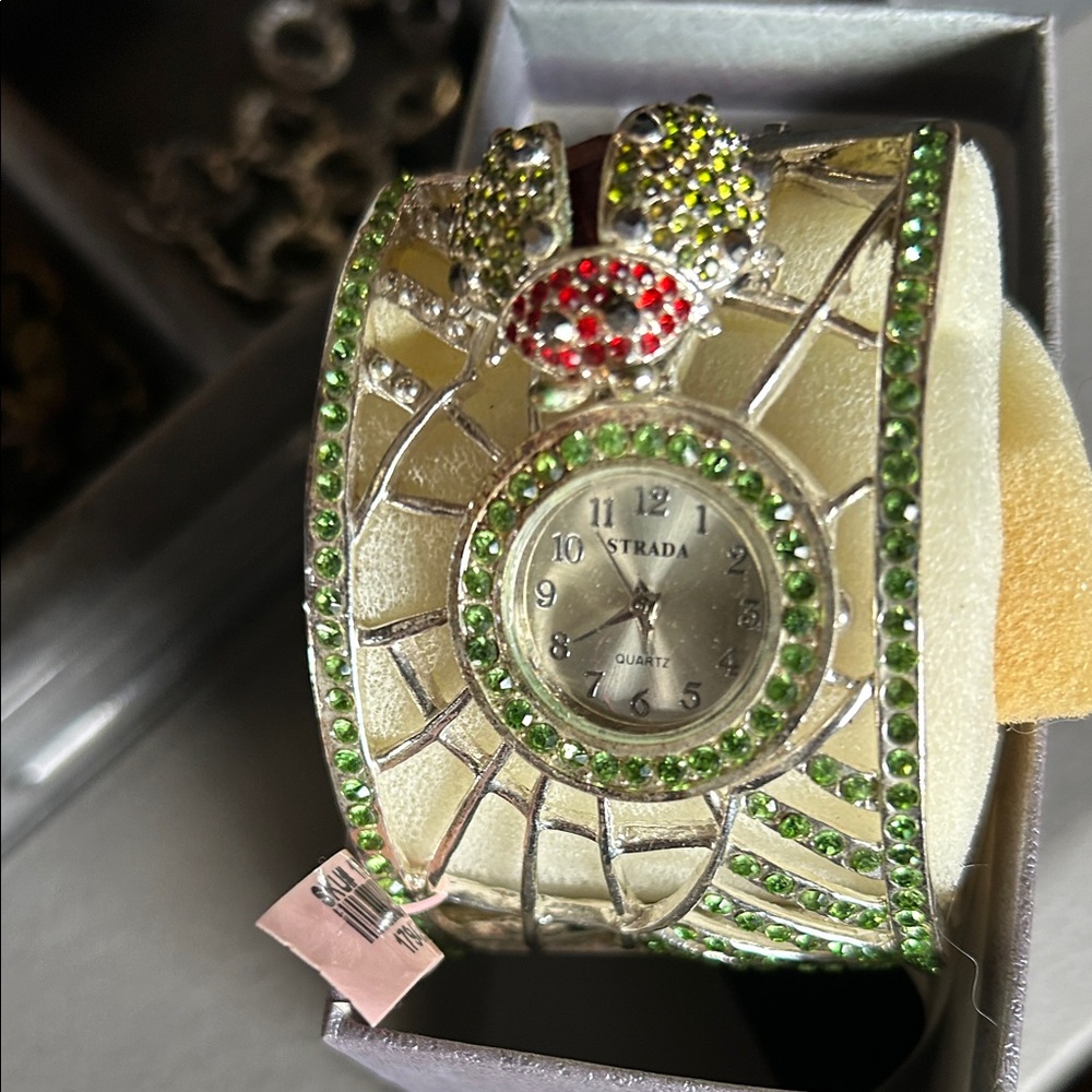 Strada Silver and Green Jeweled Cuff Watch with Ladybug